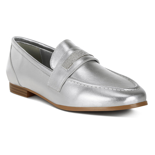 rhinestone strap metallic loafers#color_silver