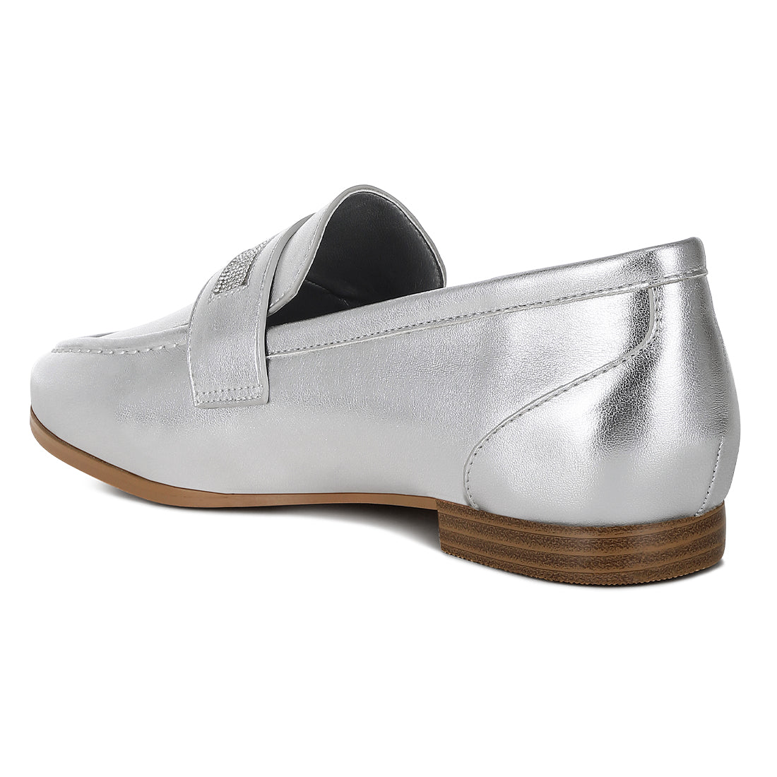 rhinestone strap metallic loafers#color_silver