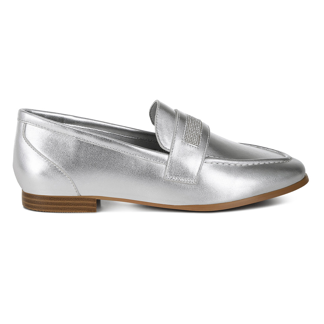 rhinestone strap metallic loafers#color_silver