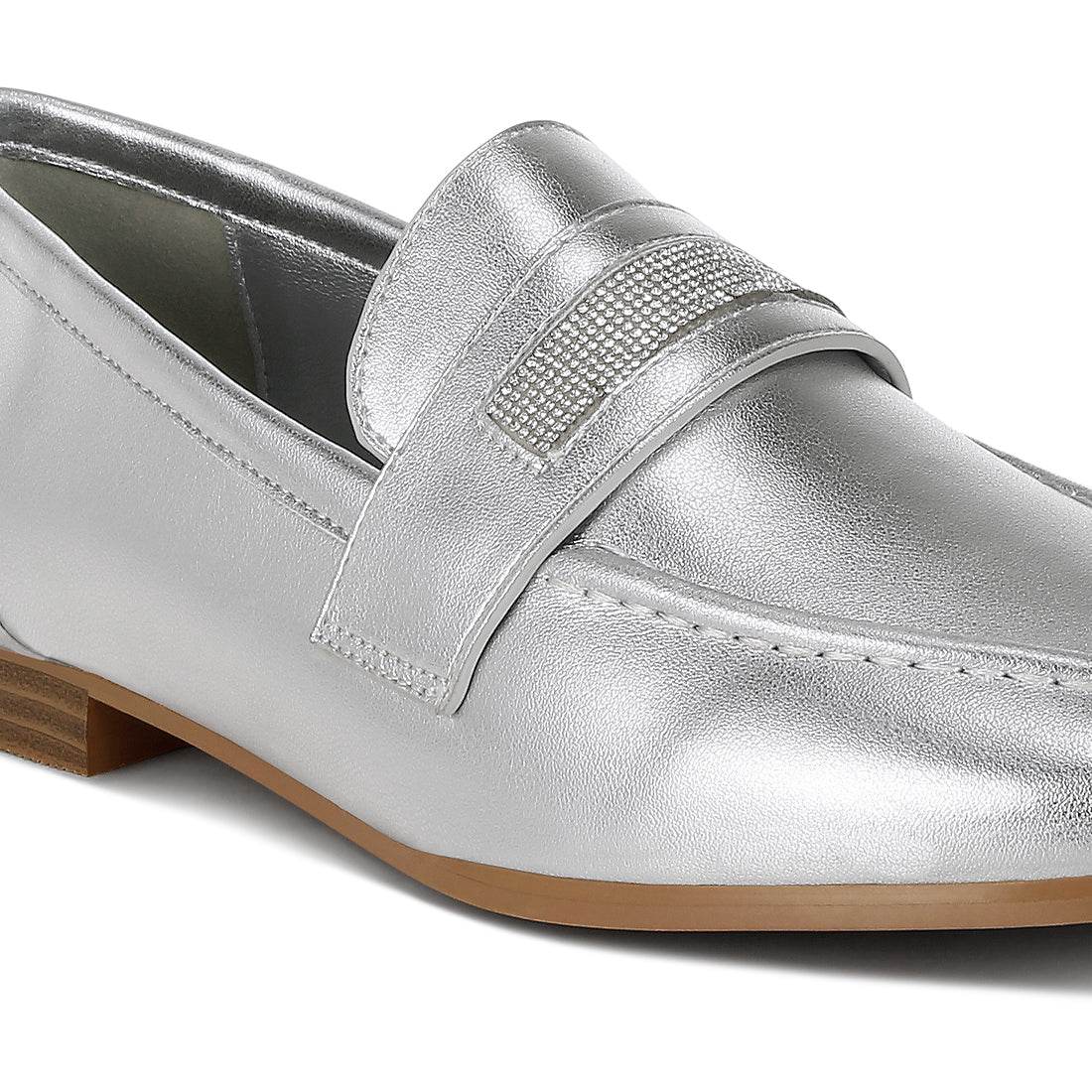 rhinestone strap metallic loafers#color_silver