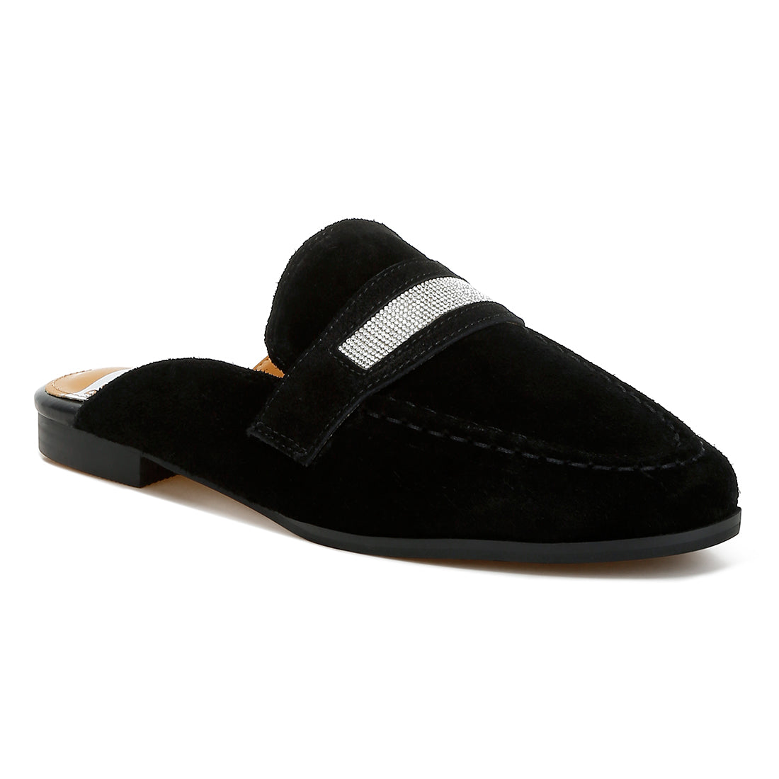 rhinestone strap suede mules#color_black
