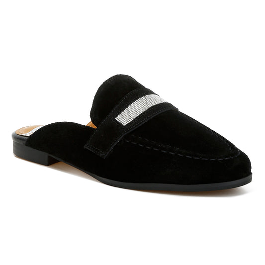 rhinestone strap suede mules#color_black