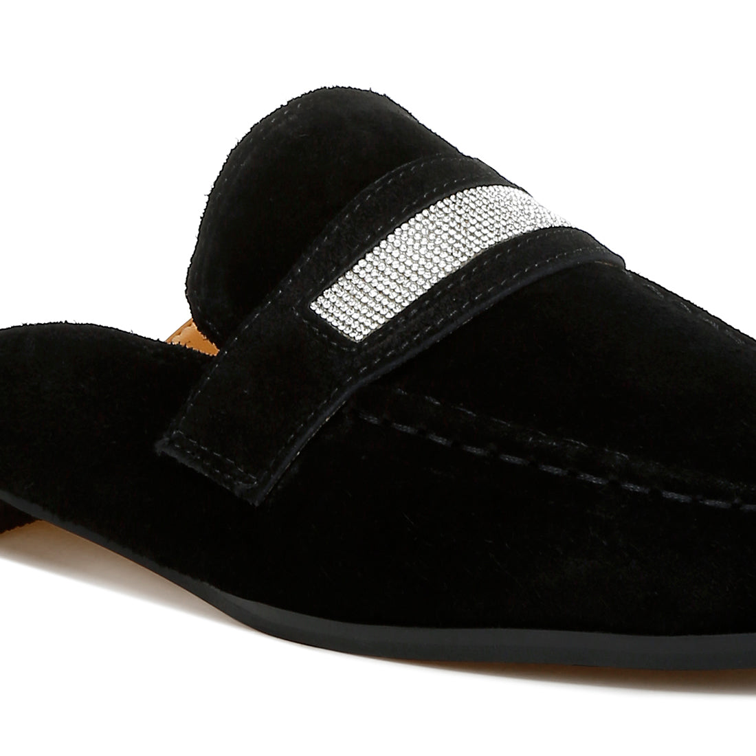 rhinestone strap suede mules#color_black