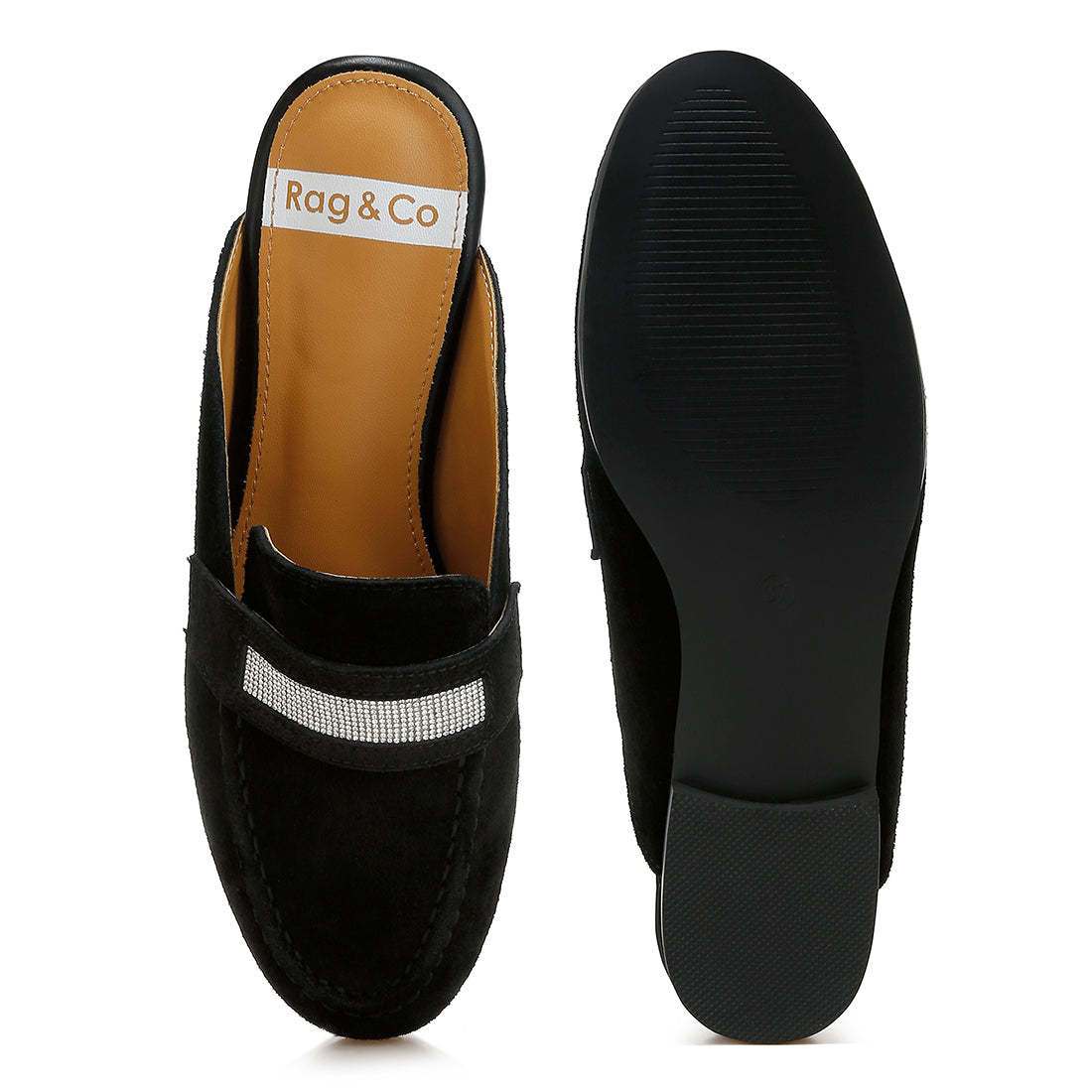 rhinestone strap suede mules#color_black