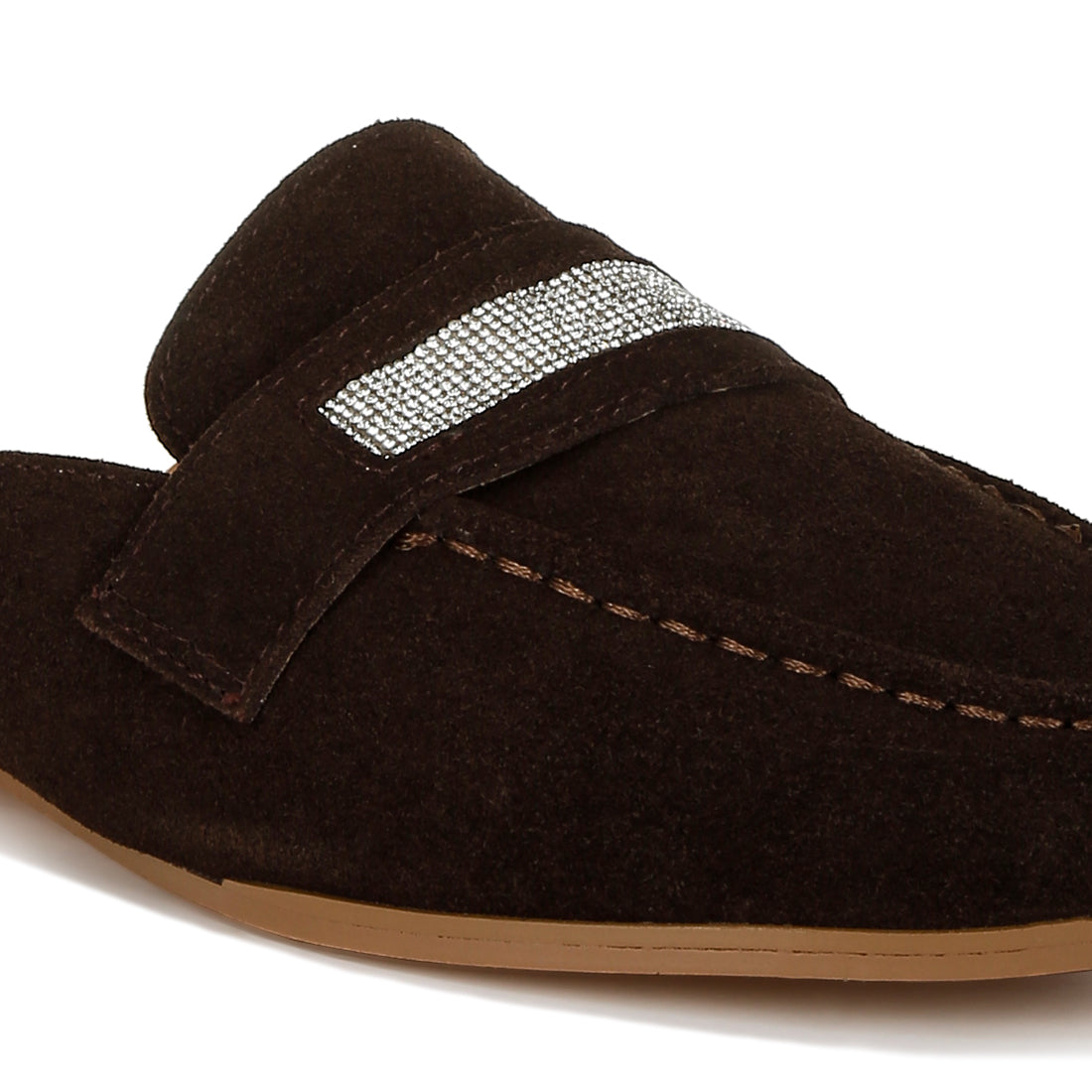 rhinestone strap suede mules#color_brown