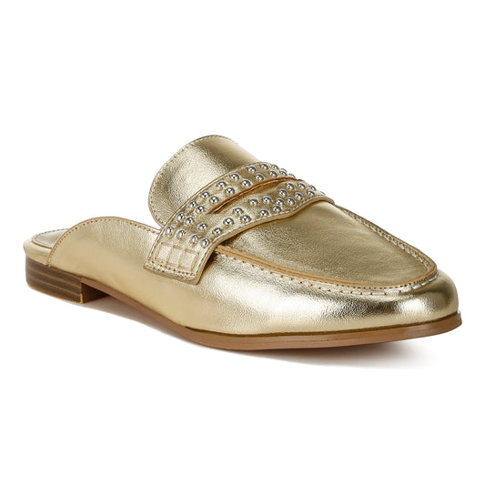stud detail metallic pleather mules#color_gold
