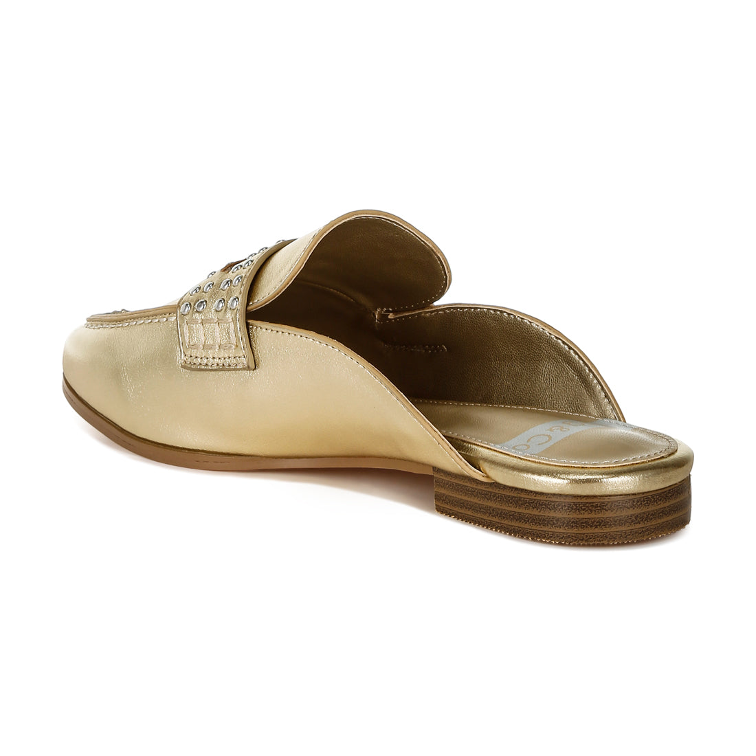 stud detail metallic pleather mules#color_gold