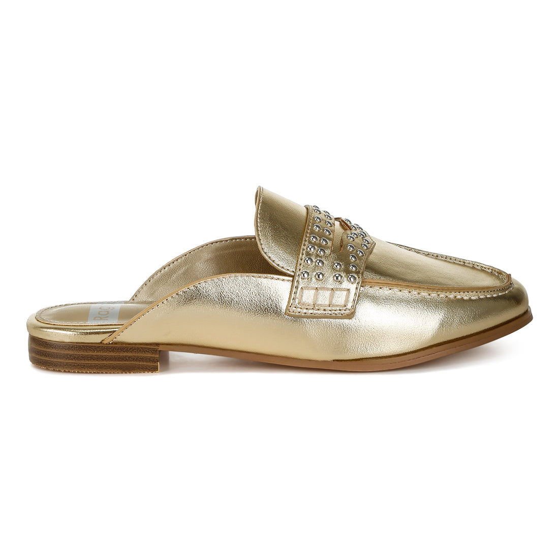 stud detail metallic pleather mules#color_gold