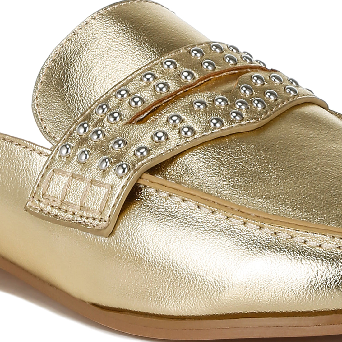 stud detail metallic pleather mules#color_gold
