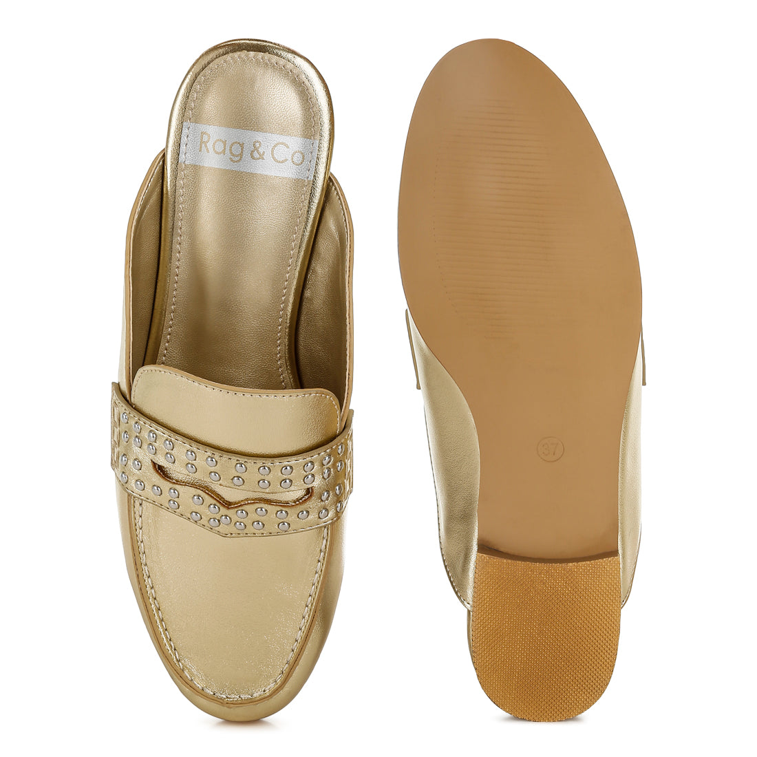 stud detail metallic pleather mules#color_gold