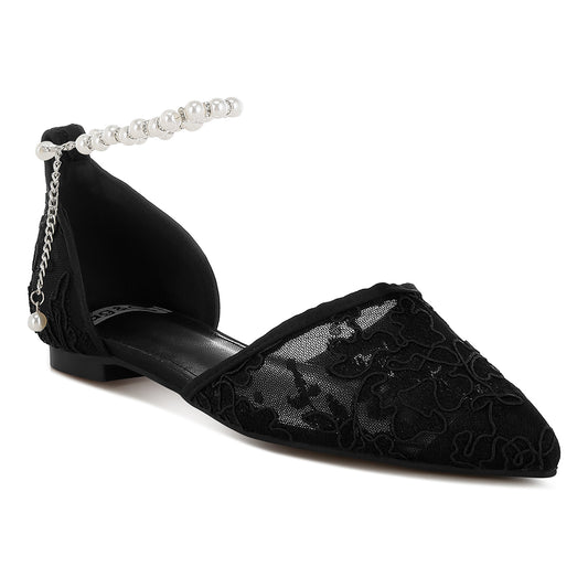 pearl & rhinestone strap flat sandals#color_black