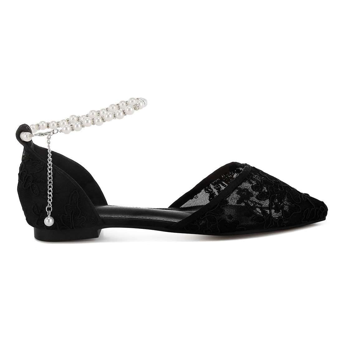 pearl & rhinestone strap flat sandals#color_black