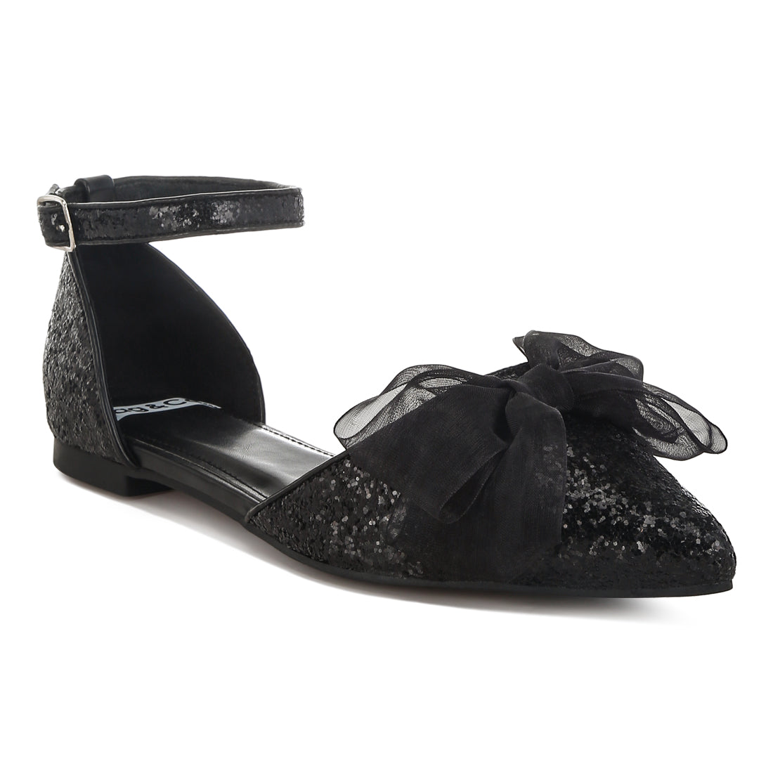 sheer bow detail glitter flat sandals#color_black