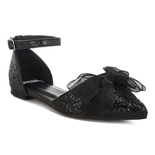 sheer bow detail glitter flat sandals#color_black