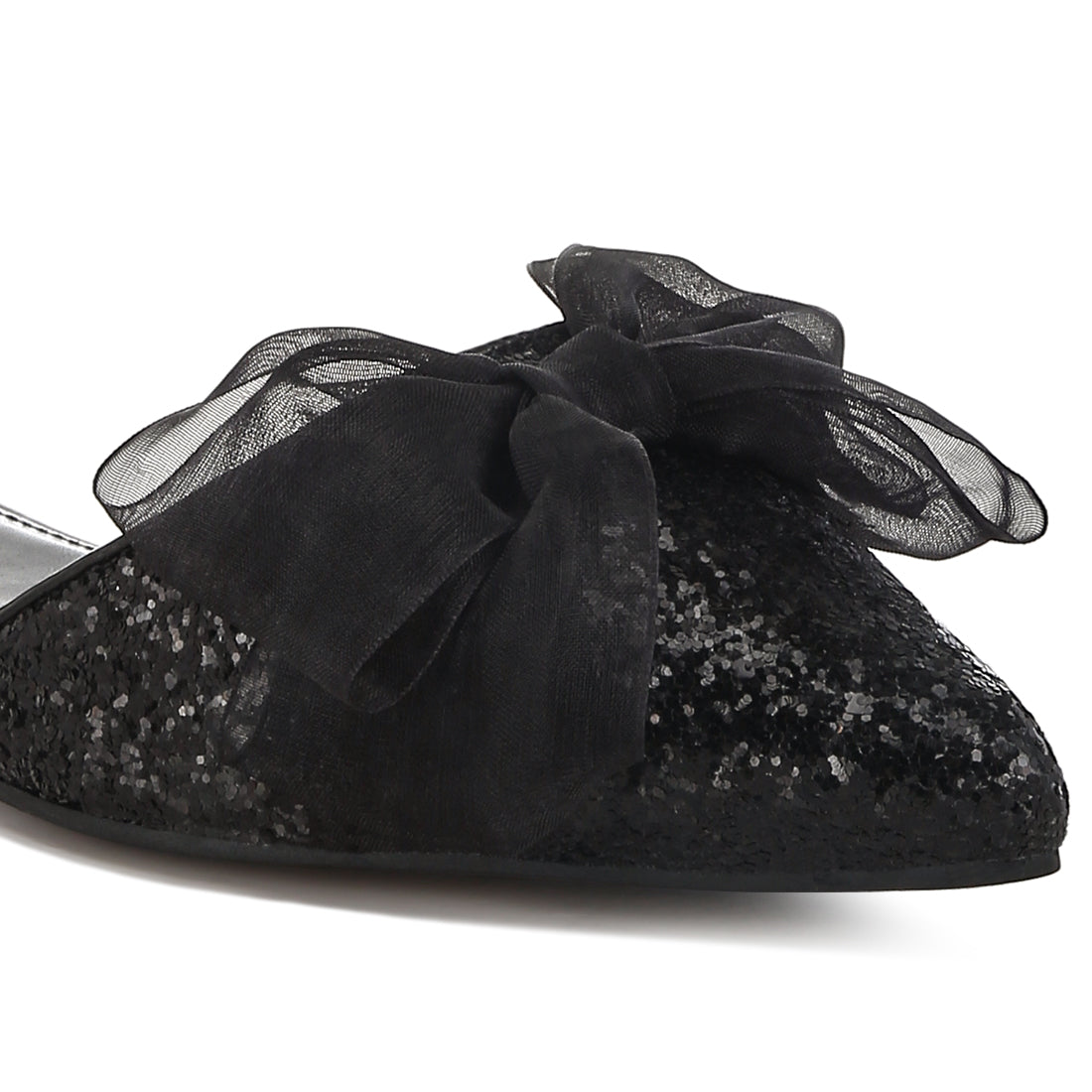 sheer bow detail glitter flat sandals#color_black