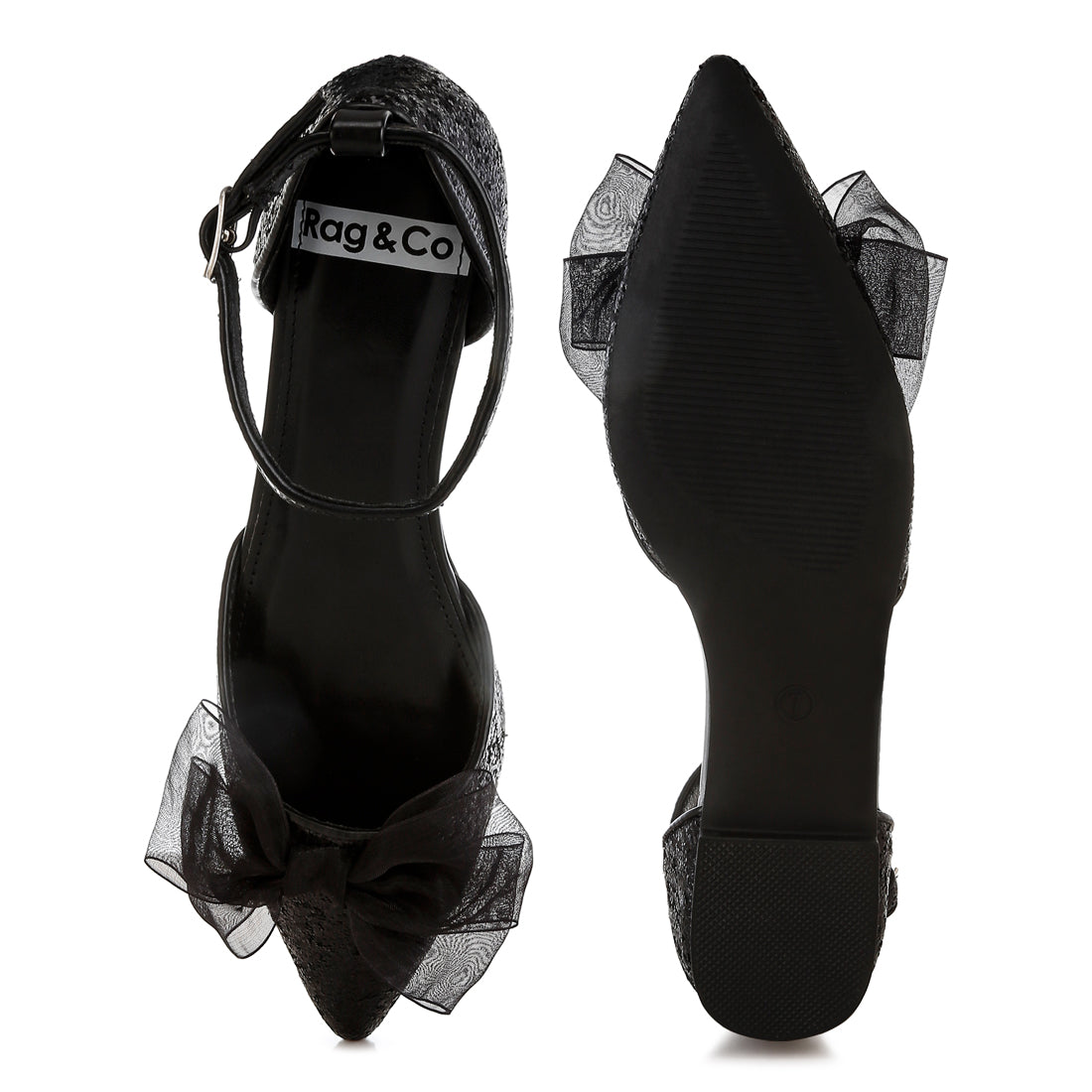 sheer bow detail glitter flat sandals#color_black