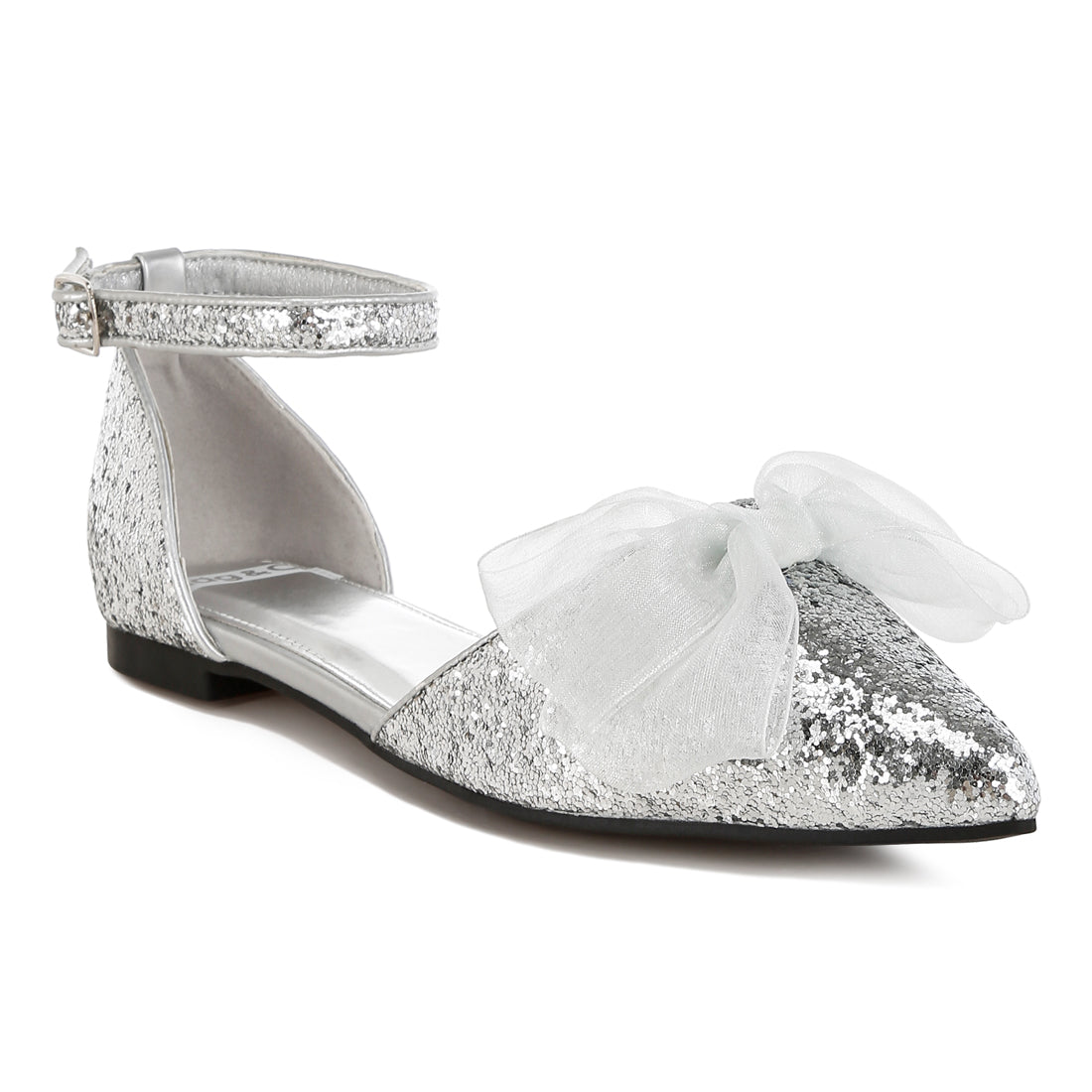 sheer bow detail glitter flat sandals#color_silver