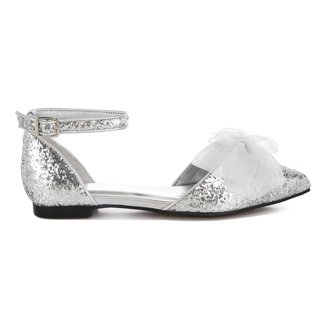 sheer bow detail glitter flat sandals#color_silver