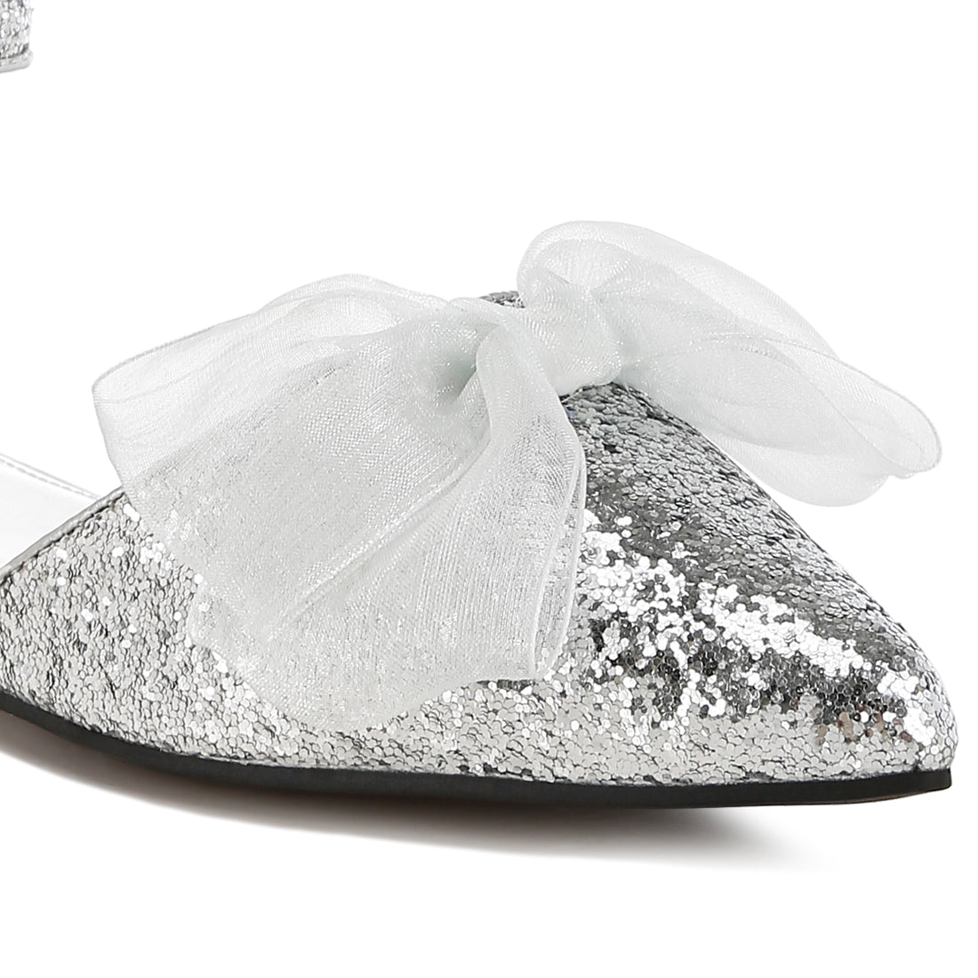 sheer bow detail glitter flat sandals#color_silver