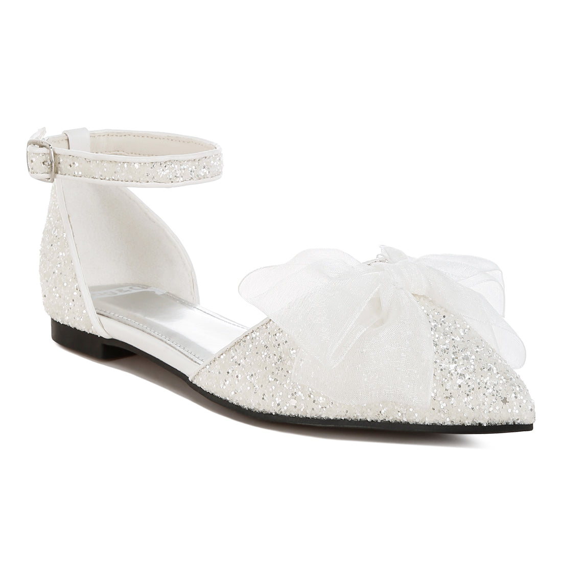 sheer bow detail glitter flat sandals#color_white