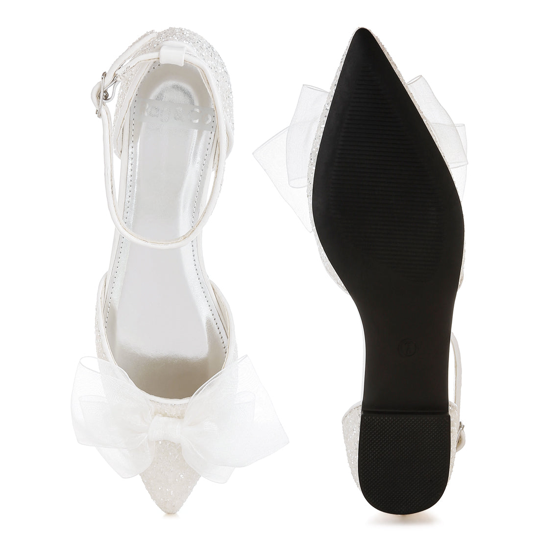 sheer bow detail glitter flat sandals#color_white