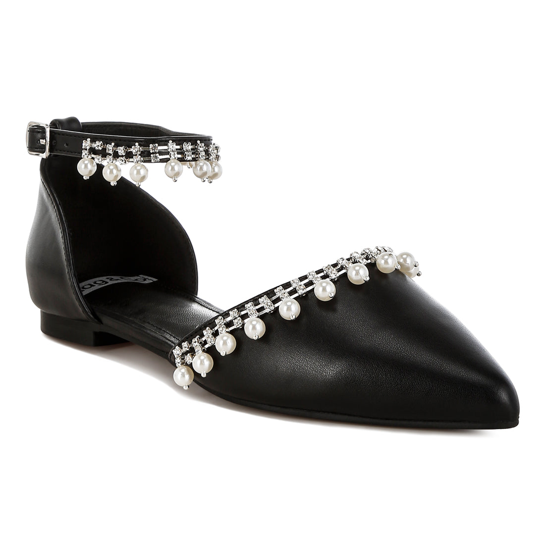 rhinestone & pearl ankle strap flat sandals#color_black