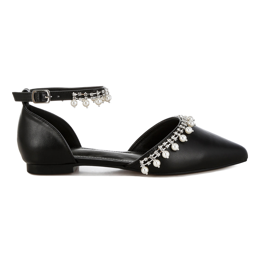 rhinestone & pearl ankle strap flat sandals#color_black