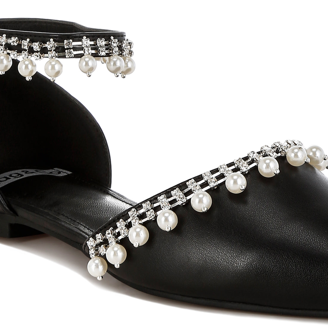 rhinestone & pearl ankle strap flat sandals#color_black