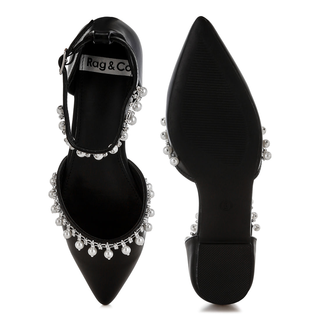 rhinestone & pearl ankle strap flat sandals#color_black
