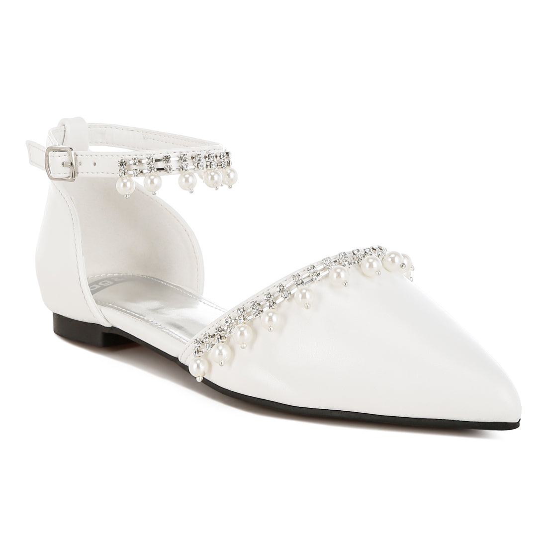 rhinestone & pearl ankle strap flat sandals#color_white