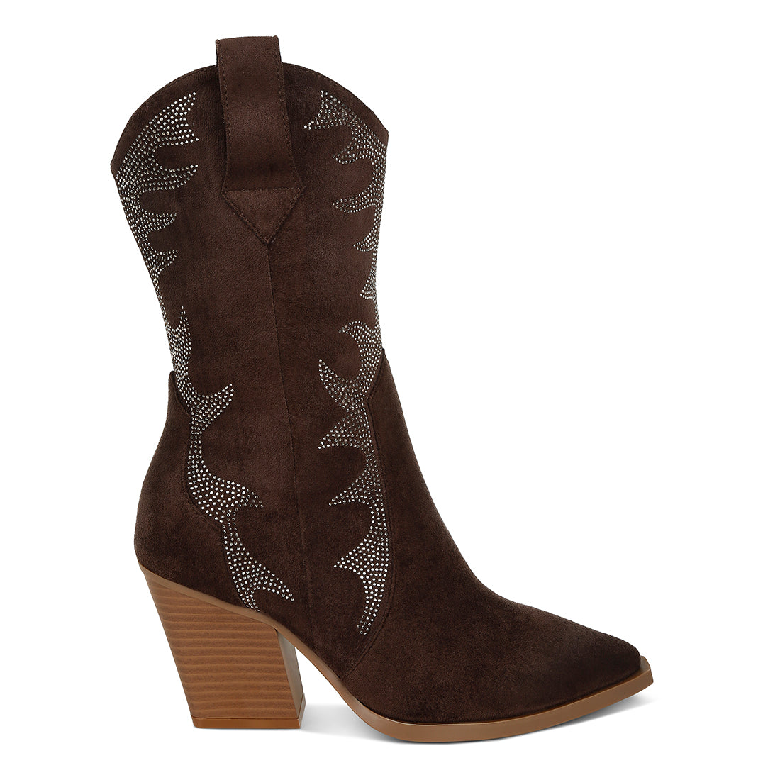 embellished rhinestones calf boots#color_brown