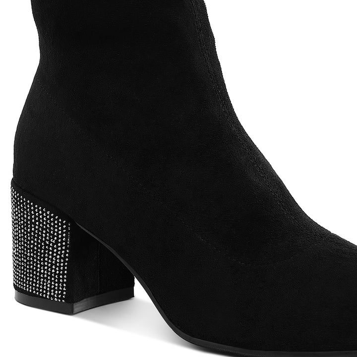 rhinestones embellished block heel boots#color_black