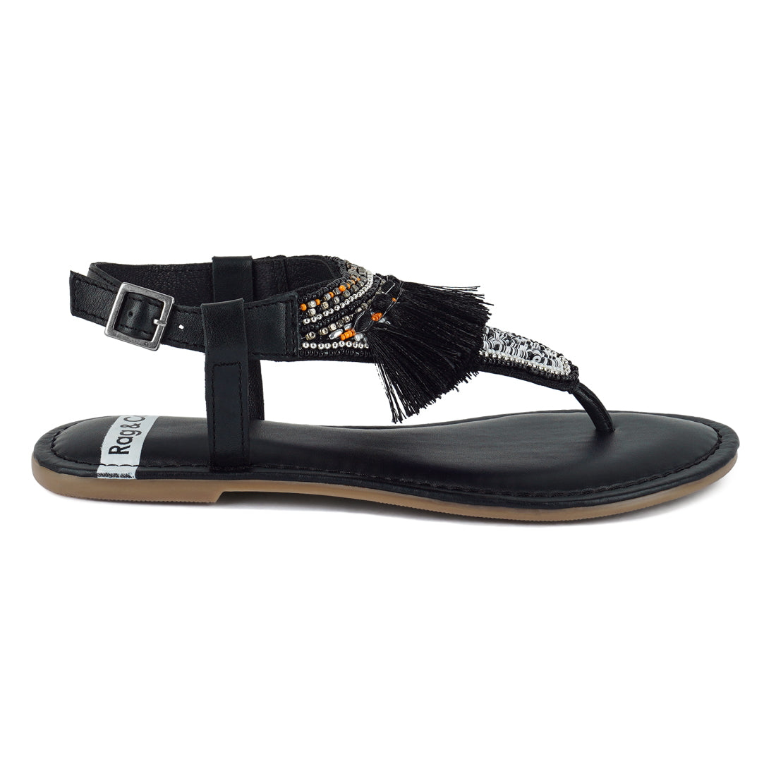 genuine leather tassel sandals#color_black