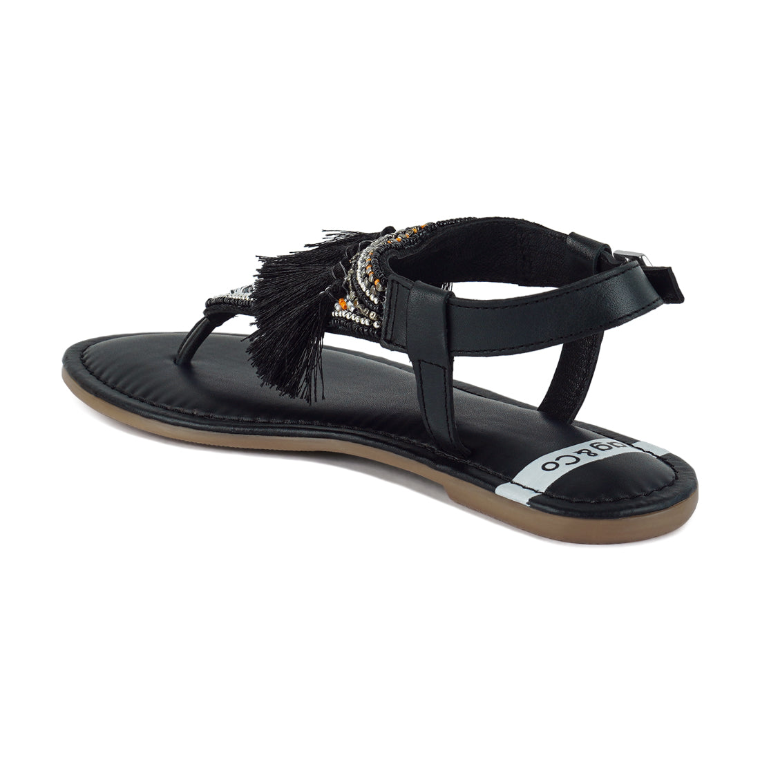 genuine leather tassel sandals#color_black