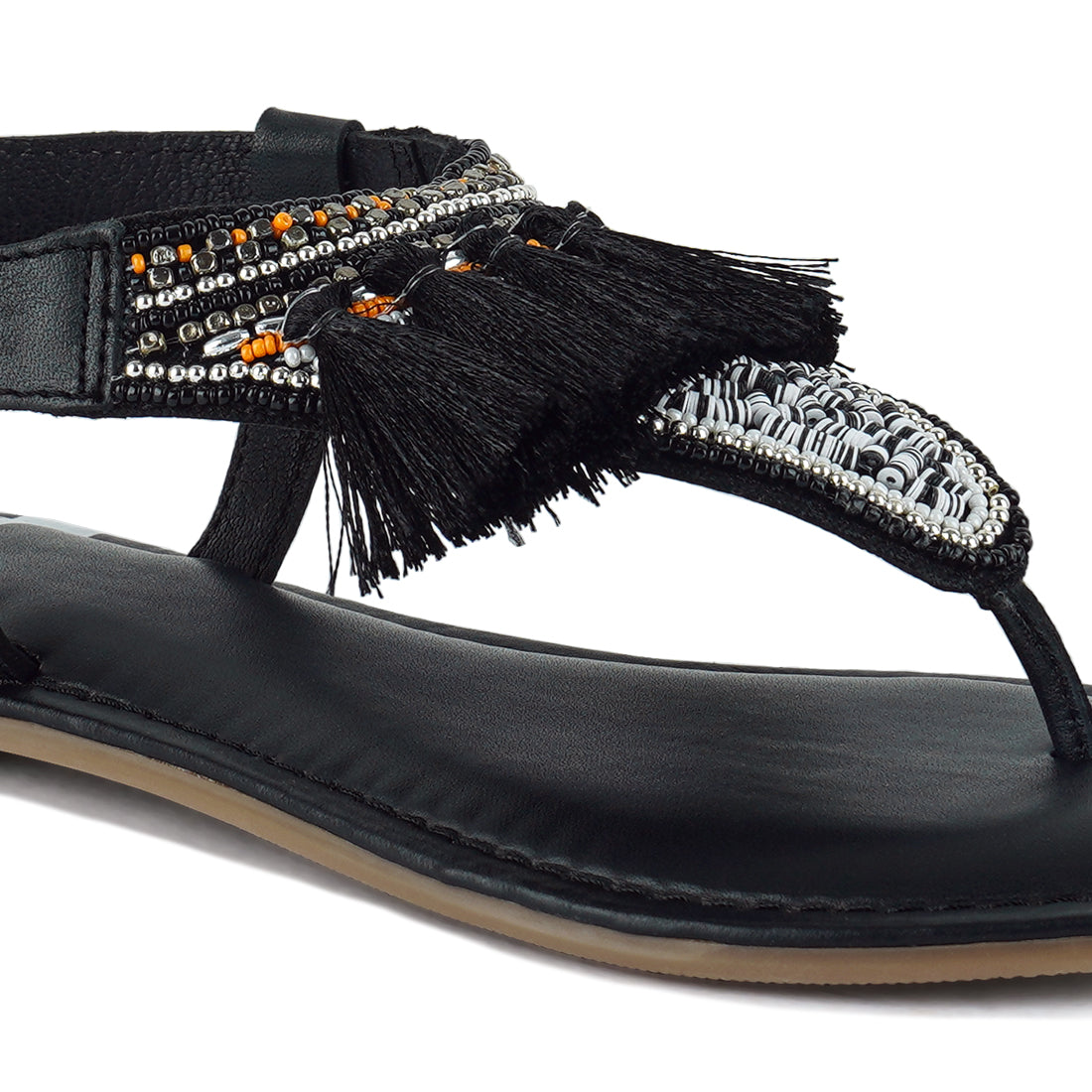 genuine leather tassel sandals#color_black