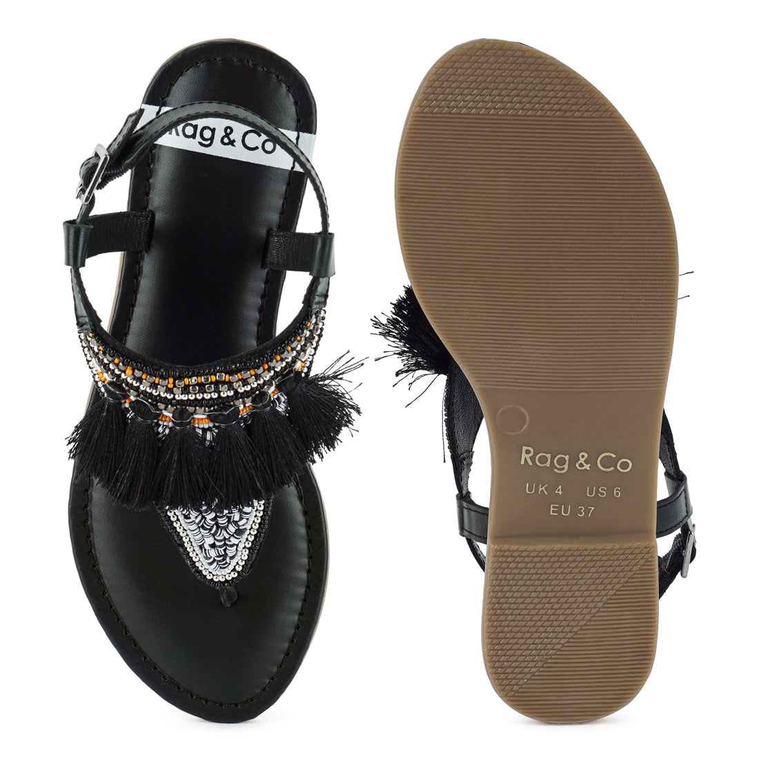 genuine leather tassel sandals#color_black