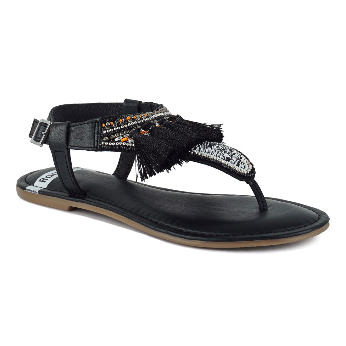 genuine leather tassel sandals#color_black