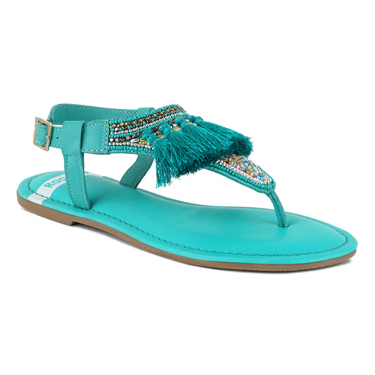 genuine leather tassel sandals#color_aqua-blue