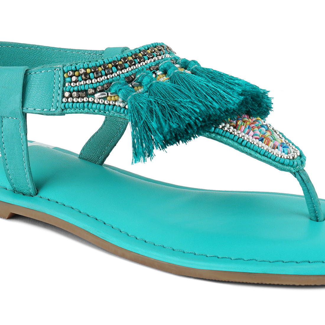 genuine leather tassel sandals#color_aqua-blue