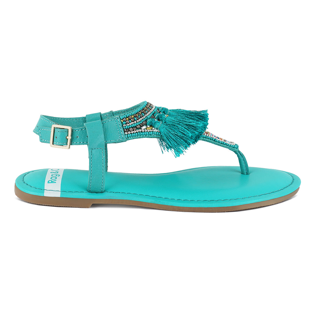 genuine leather tassel sandals#color_aqua-blue