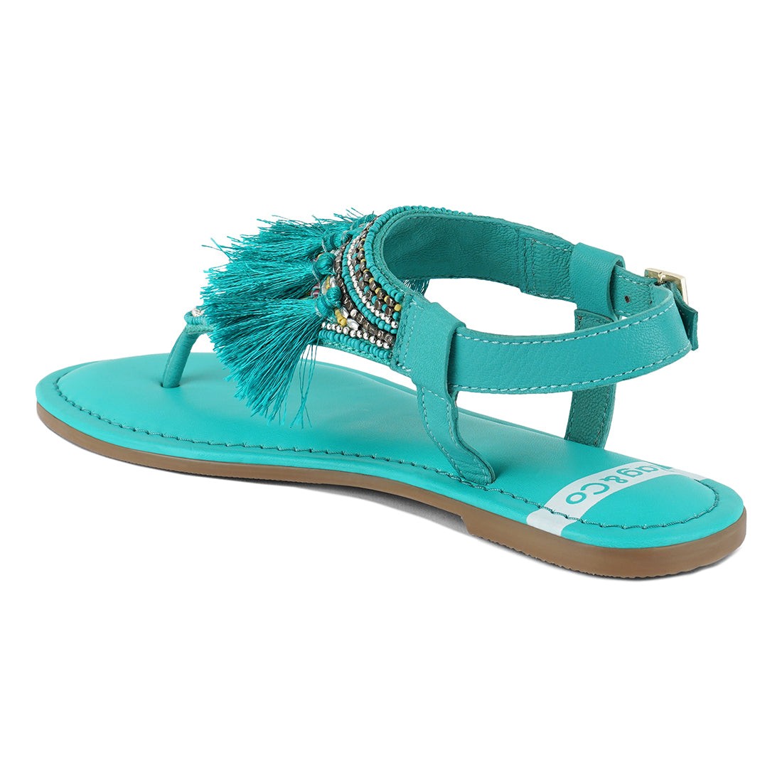 genuine leather tassel sandals#color_aqua-blue