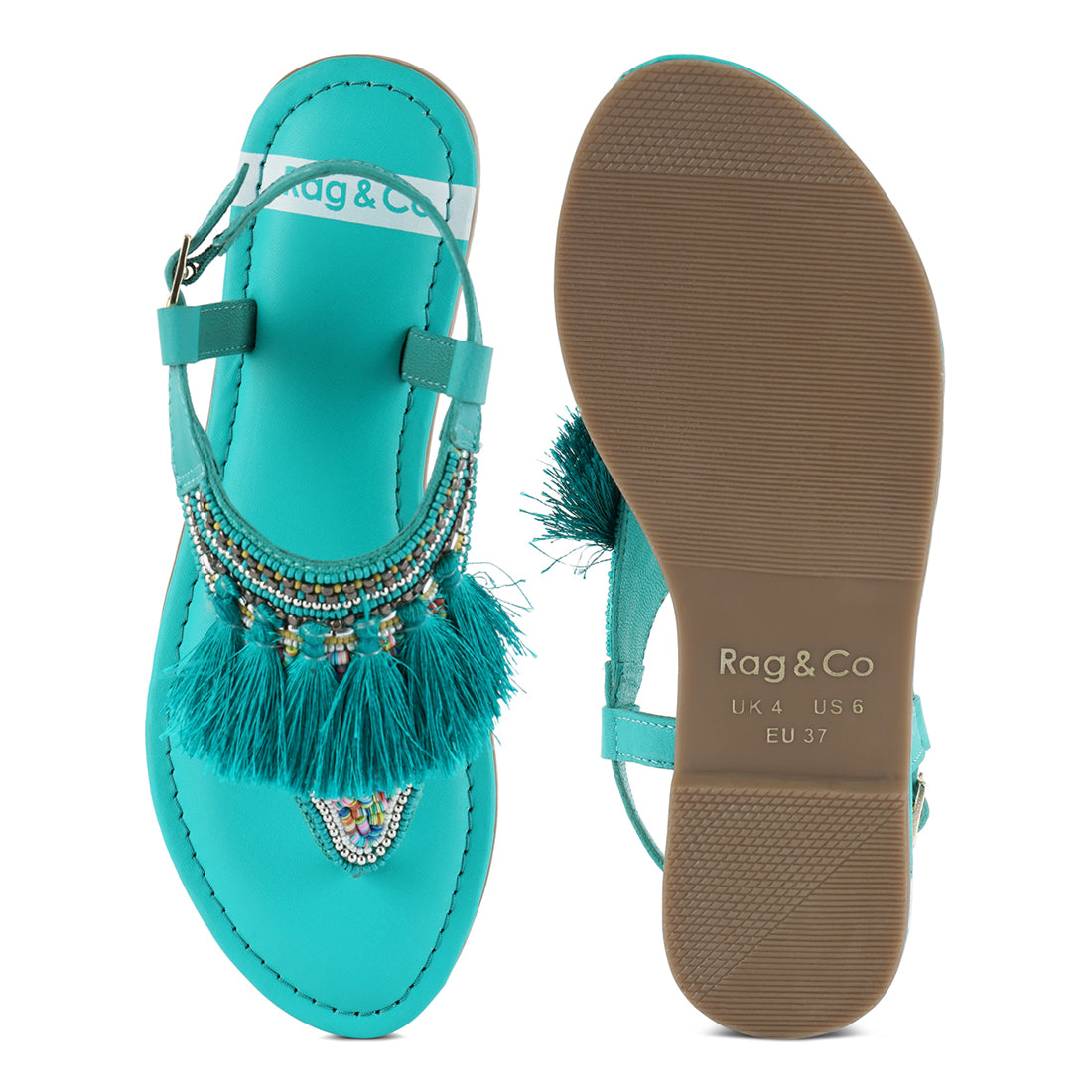 genuine leather tassel sandals#color_aqua-blue