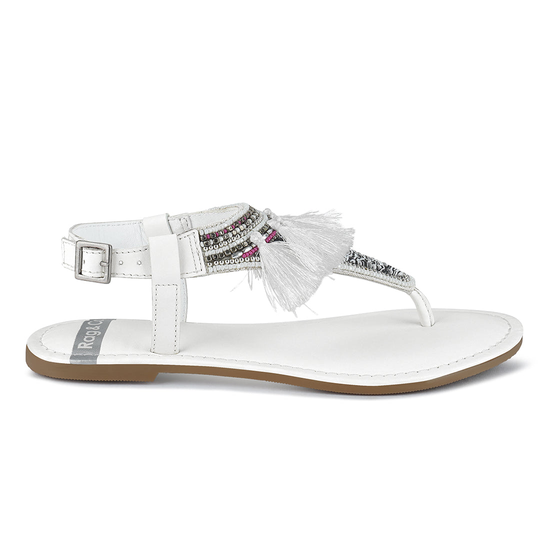 genuine leather tassel sandals#color_white