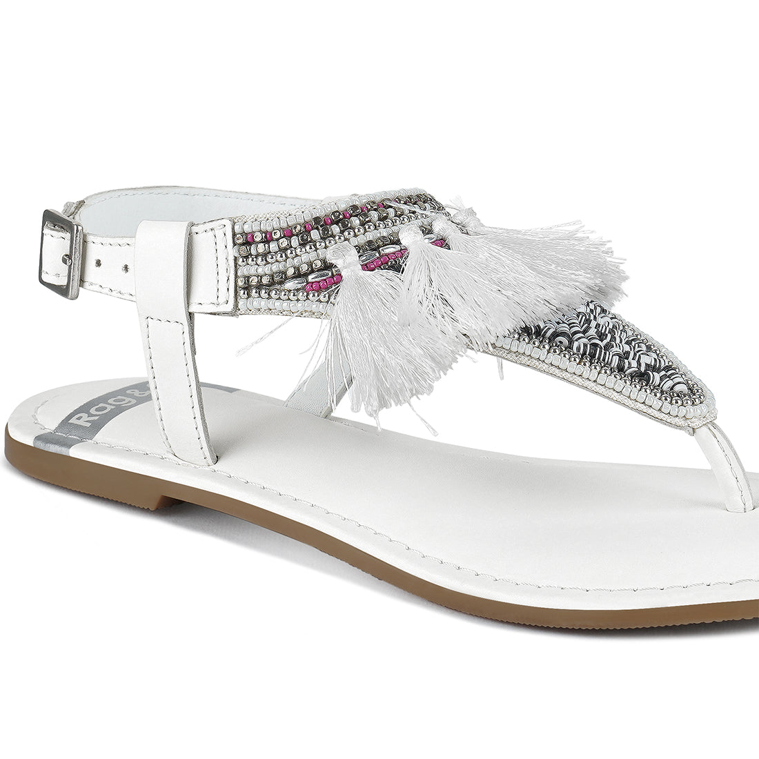 genuine leather tassel sandals#color_white