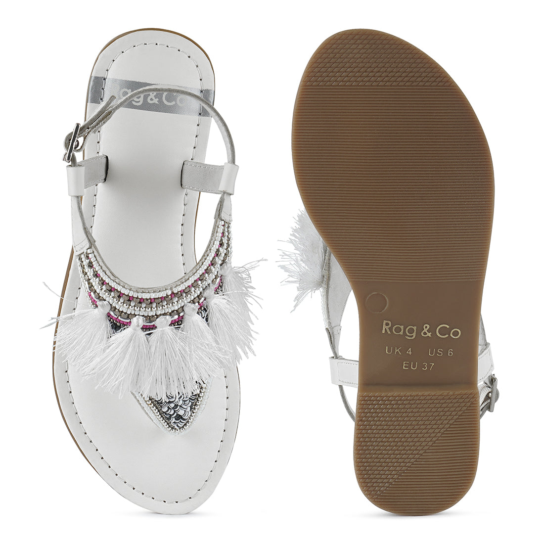 genuine leather tassel sandals#color_white