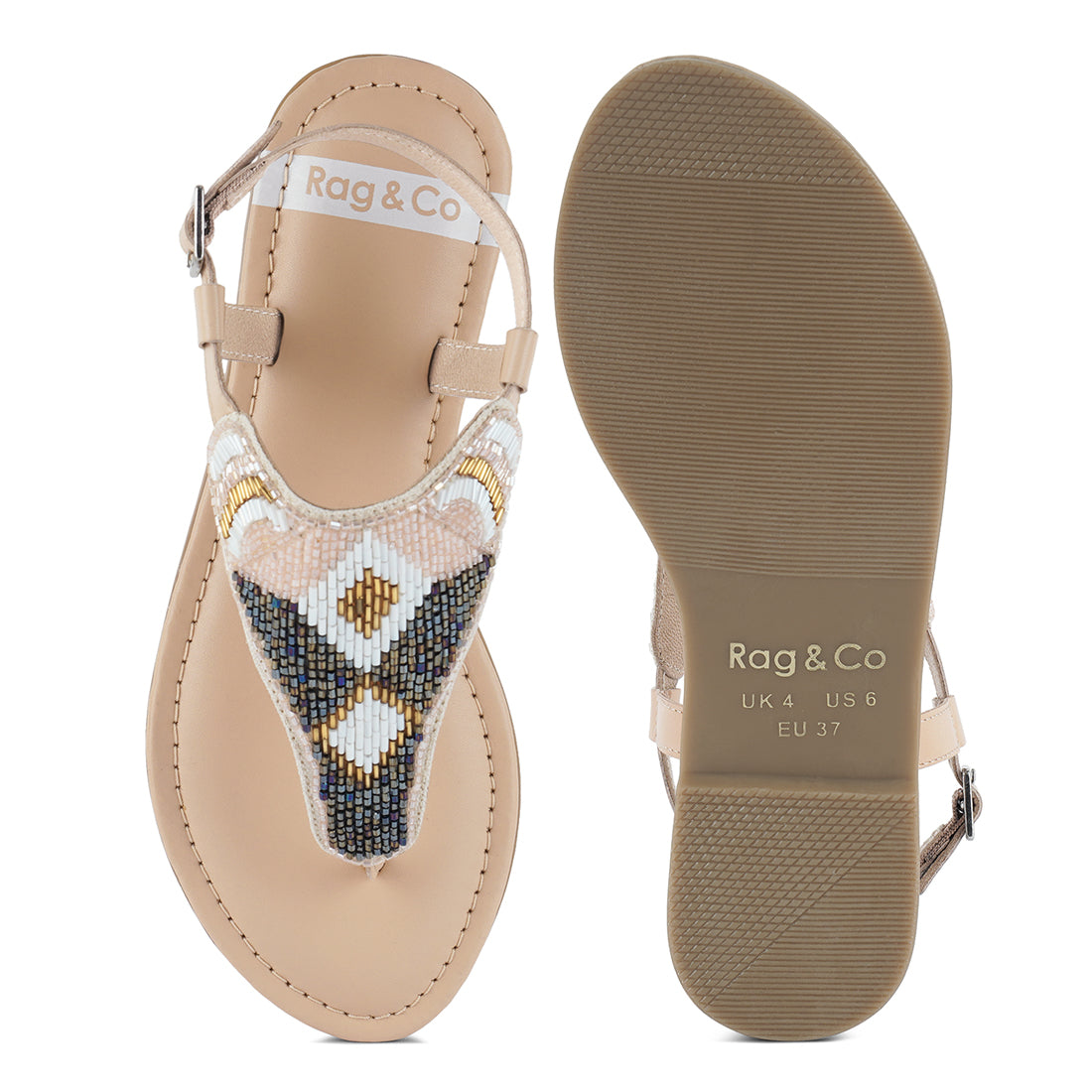 pin buckle beaded flat sandals#color_beige