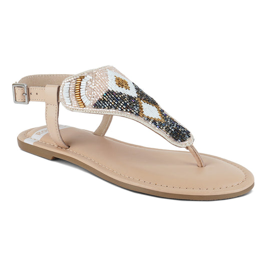 pin buckle beaded flat sandals#color_beige