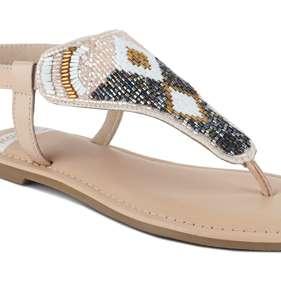 pin buckle beaded flat sandals#color_beige