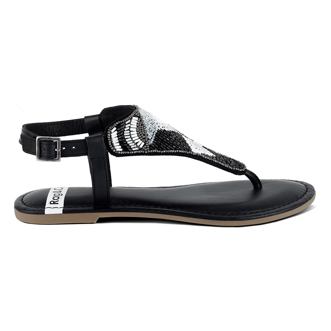 pin buckle beaded flat sandals#color_black