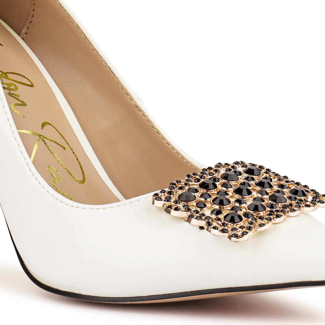 White Stiletto Crystal Brooch Pumps